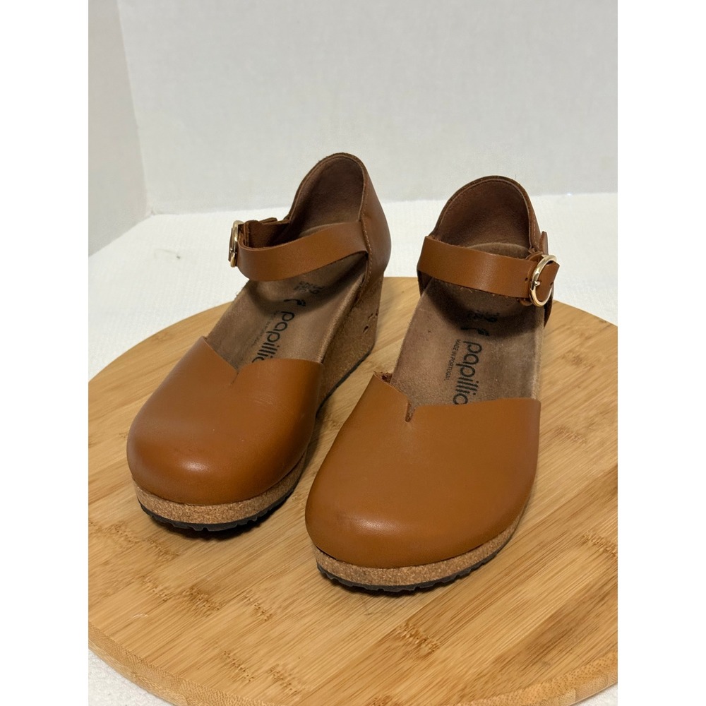 Papillio by Birkenstock Cognac Brown Leather Wedge Sandals Size 38